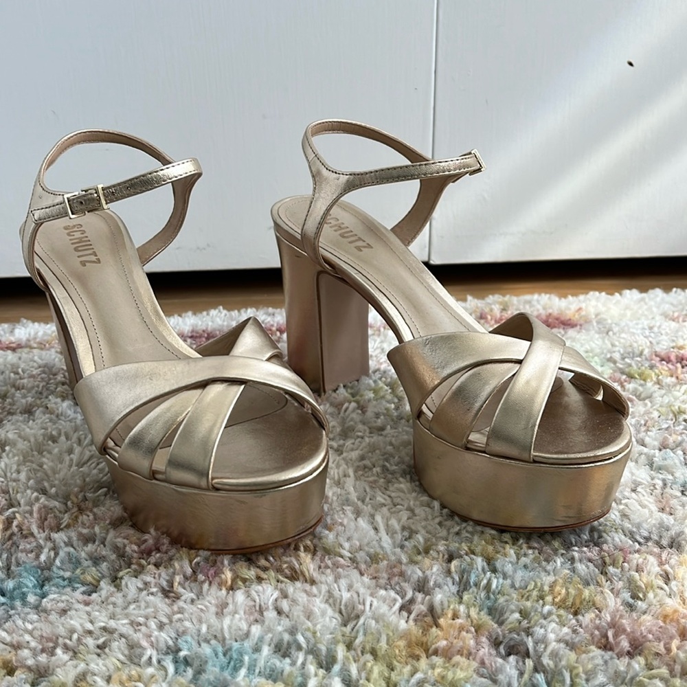 Schutz, “KEEFA SANDAL”, gold, platform heels, size 8.5, worn 1x